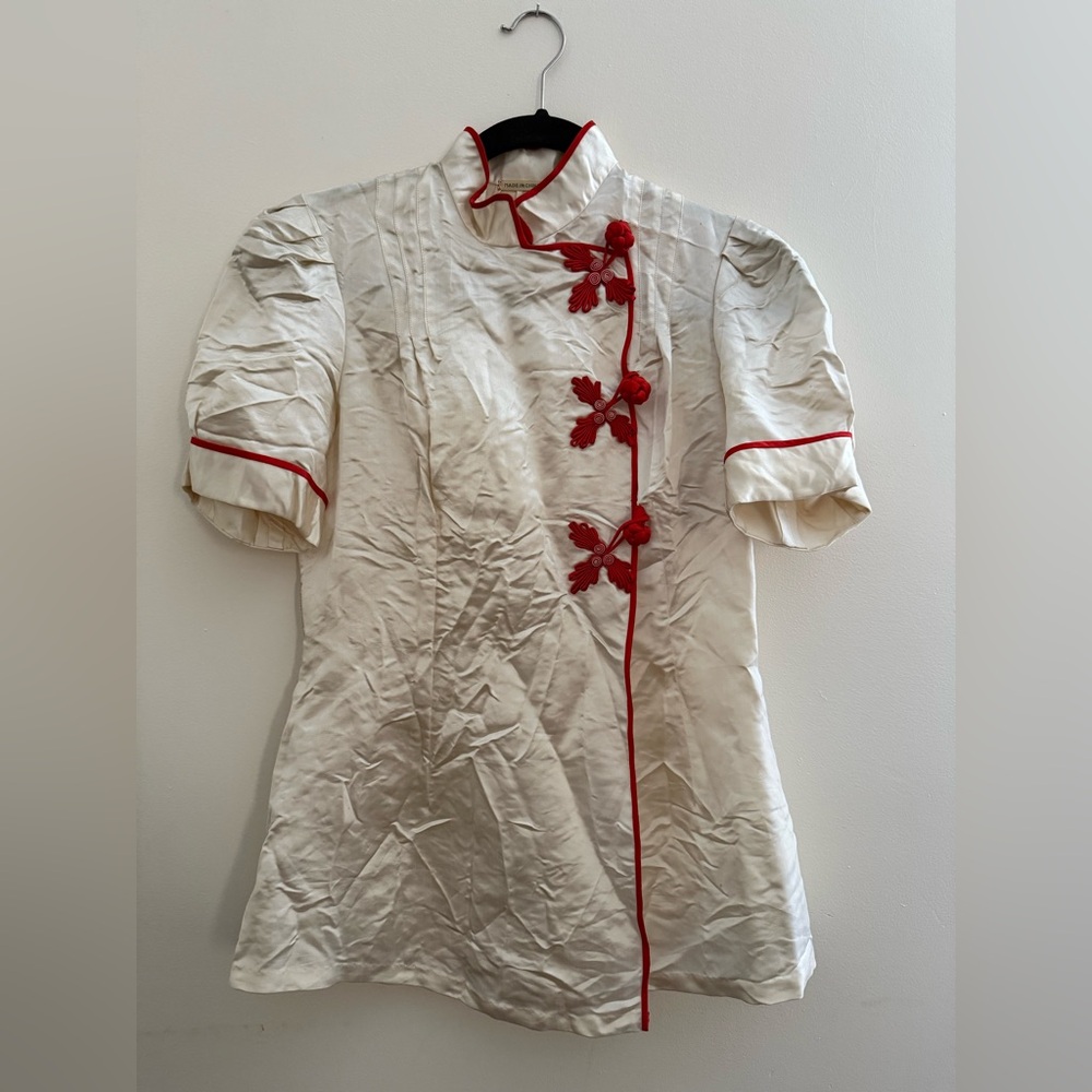 SOLD - Vintage Handmade Cream and Red Silk Top